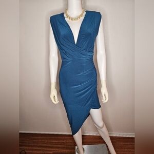 Beautiful Teal Blue Asymmetrical Deep V Neck Dress With Ruching Size M